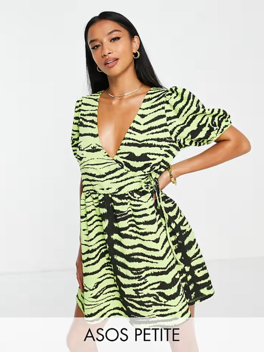 NWT ASOS DESIGN Petite Lime Green Zebra Print Wrap Mini Dress Women's 00P